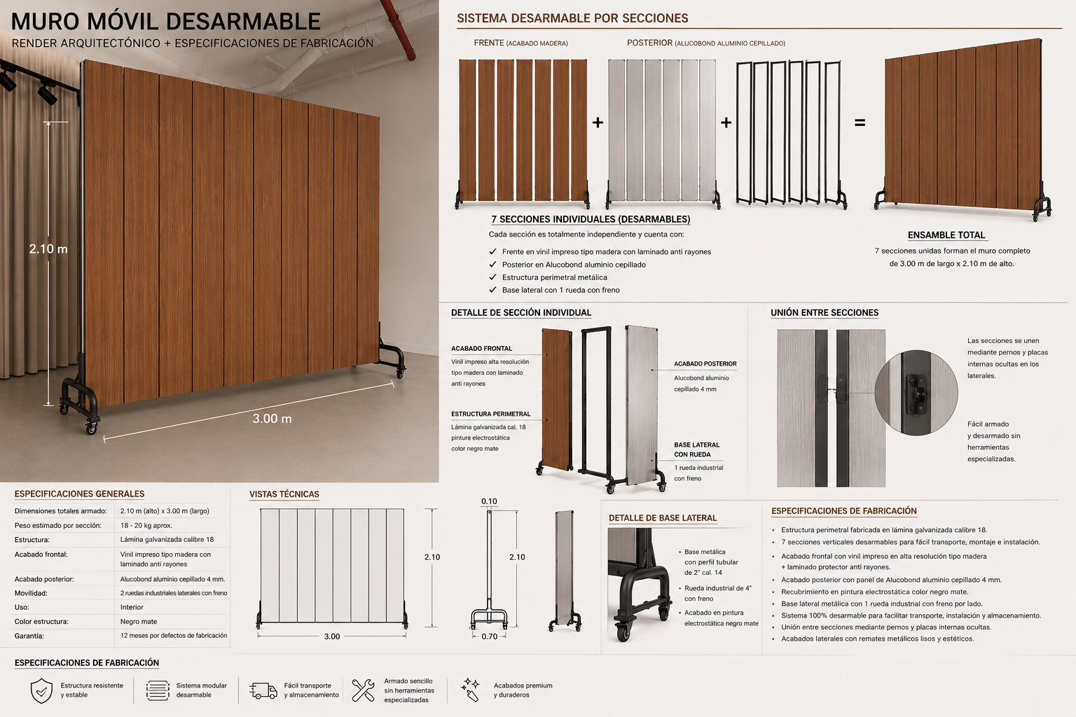 Render técnico de muro móvil desarmable por secciones